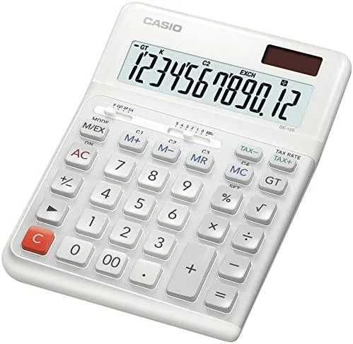 Baltas Casio DE-12E-WE skaičiuotuvas su 12 skaitmenų ekranu