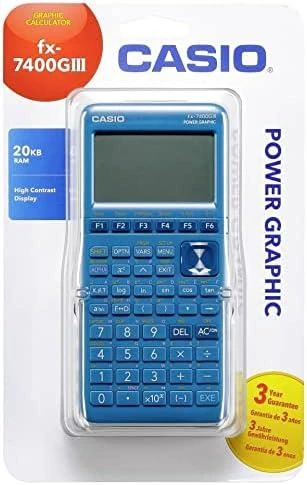 Casio FX-7400GIII mėlynu korpusu pakuotėje