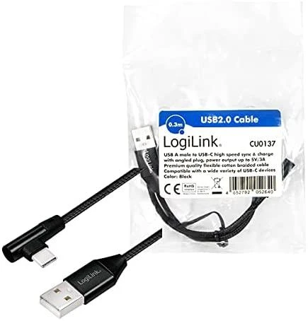 LOGILINK CU0137 LOGILINK – USB 2.0 kabelis USB-A kištukas su USB-C (90 kampu) kištukas, 0,3 m