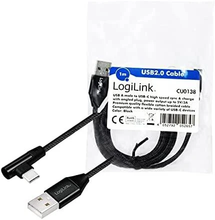 LOGILINK CU0138 LOGILINK – USB 2.0 kabelis USB-A kištukas iki USB-C (90 kampu) kištukas, 1 m