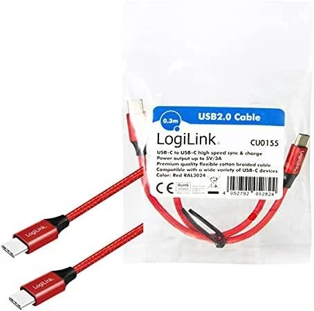 LOGILINK CU0155 LOGILINK – USB 2.0 laidas, USB-C į USB-C, raudonas, 0,3 m