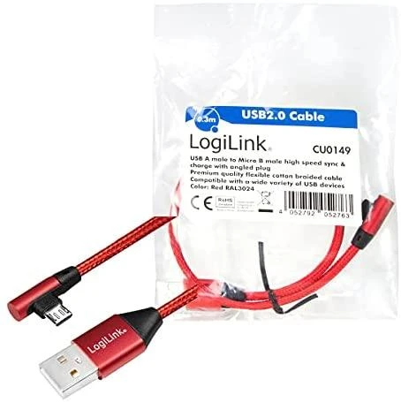 LOGILINK CU0149 LOGILINK – USB 2.0 į mikro-USB (90 kampu) kištukas, 0,3 m