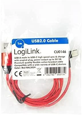 LOGILINK CU0146 LOGILINK – USB 2.0 kabelis USB-A kištukas iki USB-C (90 kampu) kištukas, raudonas, 1 m