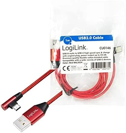 LOGILINK CU0146 LOGILINK – USB 2.0 kabelis USB-A kištukas iki USB-C (90 kampu) kištukas, raudonas, 1 m