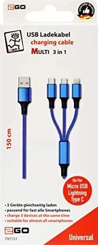 USB kabelis 2GO USB-A - USB-C + microUSB + Žaibas 1,5 m mėlyna (797151)