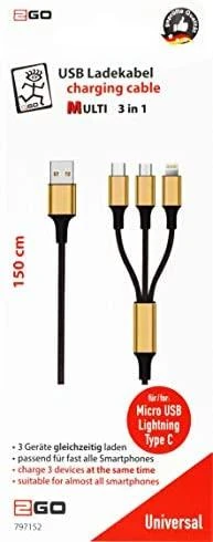 2GO USB kabelis USB-A – USB-C + microUSB + Lightning 1,5 m juodos ir auksinės spalvos (797152)