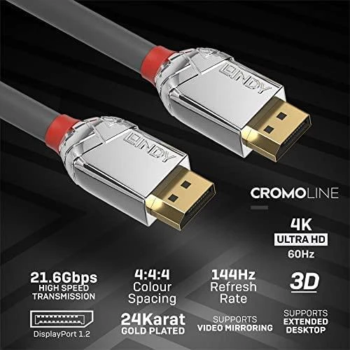 DisplayPort Kabelis - LINDY Cromo Line DisplayPort 1.2 Kabelis, M/M, 3 m, Pilkas