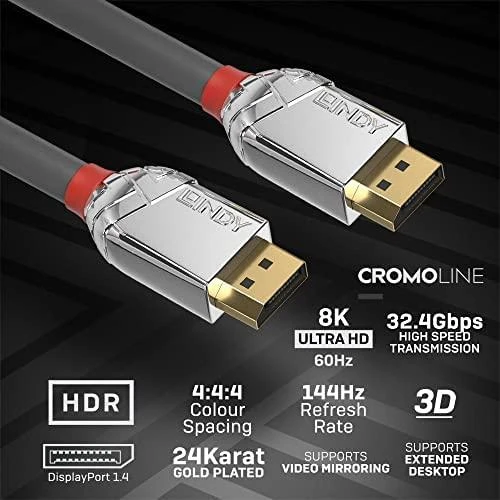 DisplayPort Kabelis - LINDY Cromo Line DisplayPort 1.4 Kabelis, M/M, 7680x4320@60Hz, 2 m, Pilkas