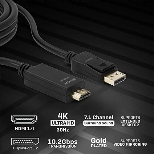 DisplayPort Kabelis - LINDY DisplayPort į HDMI Kabelis, 3840x2160@30Hz, 3 m, Juodas