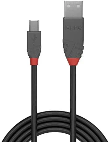 USB Kabelis - LINDY Anthra Line USB 2.0 Type A į Mini-B Laidas M/M, 3 m, Juodas