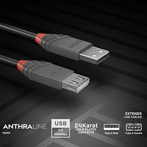 USB Prailginimo Laidas - LINDY Anthra Line USB 2.0 Type M/F Laidas, 3 m, Juodas
