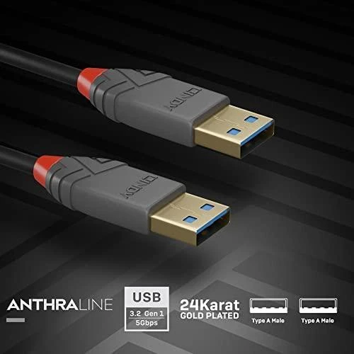 USB Kabelis - LINDY Anthra Line USB 3.2 Type A Laidas, 5Gbps, M/M, 1 m, Juodas