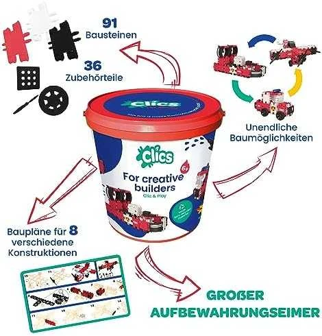 Clics Nano Clics Konstruktorių rinkinys „Gaisrinė“ 8in1, 127 detalės, vaikams nuo 4 metų, kūrybiškumui skatinti, raudona juoda balta