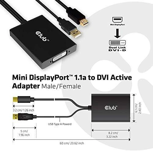 Club 3D Aktyvus Club3D Adapteris Mini DisplayPort 1.2 į Dual Link DVI-D aktyvus adapteris, tik HDCP, 4k30Hz, 60cm