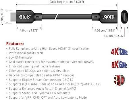 „Club 3D Ultra High Speed“ HDMI prailginimo kabelis, 4K120Hz/8K60Hz, 48Gbps – 1m
