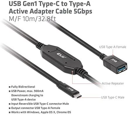 USB kabelis Club 3D USB-A - USB-C 10 m Juodas (CAC- 1538)