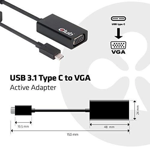 USB-C į VGA adapteris Club 3D su techniniais matmenimis