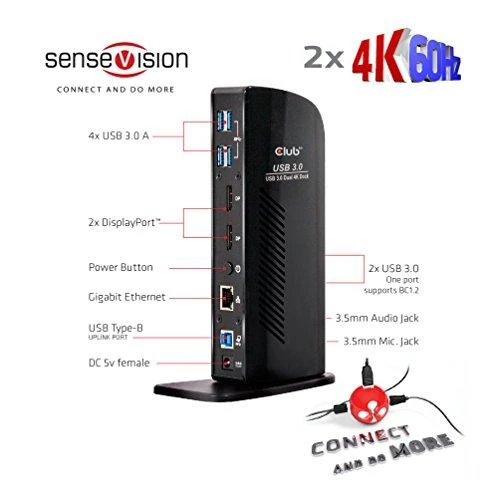 „Club 3D SenseVision“ dvigubo ekrano 4K USB 3.0 stotis / replikatorius (CSV-1460)