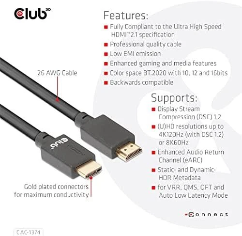 Club 3D „Club3D Cable Ultra Fast HDMI™“, 4K120Hz, 8K60Hz kabelis 48Gbps (M/M), 28AWG, 4m