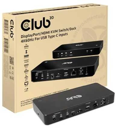 Club 3D Club3D KVM jungiklis 4K60Hz 2x USB-C> HDMI/DP/3xUSB/2xUSB-C/LAN mažmeninė prekyba