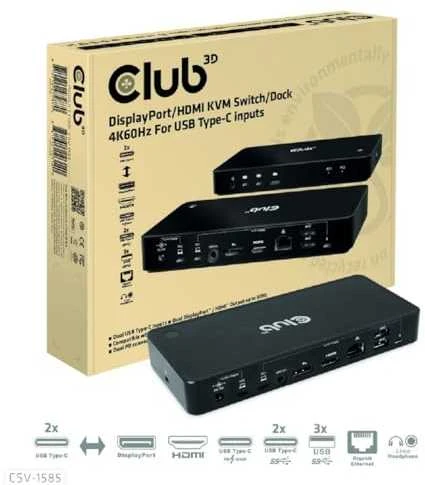Club 3D Club3D KVM jungiklis 4K60Hz 2x USB-C> HDMI/DP/3xUSB/2xUSB-C/LAN mažmeninė prekyba