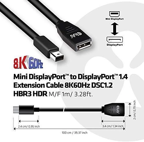 Club 3D Club3D Kabelis Mini DisplayPort 1.4 na DisplayPort 8K@60Hz DSC 1.2 HBR3 HDR dvikryptis (M-F)