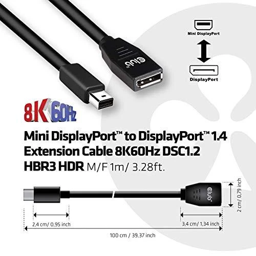 Mini DisplayPort 1.4 ilgintuvas su jungčių matmenimis