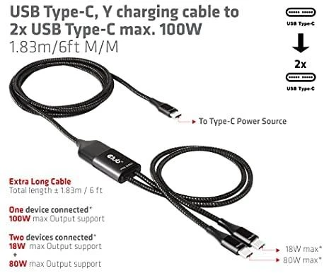 CLUB 3D CAC-1527 USB Type-C, Y įkrovimo laidas su 2x USB Type-C max. 100W, 1,83m