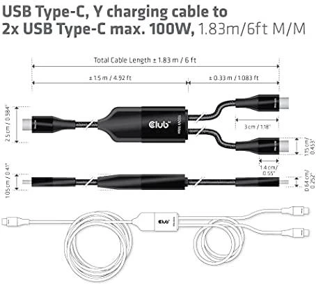 CLUB 3D CAC-1527 USB Type-C, Y įkrovimo laidas su 2x USB Type-C max. 100W, 1,83m