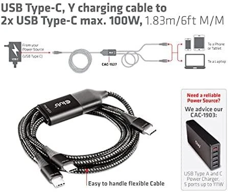 CLUB 3D CAC-1527 USB Type-C, Y įkrovimo laidas su 2x USB Type-C max. 100W, 1,83m