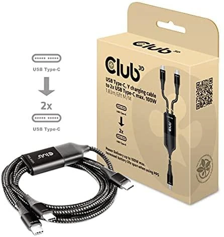 CLUB 3D CAC-1527 USB Type-C, Y įkrovimo laidas su 2x USB Type-C max. 100W, 1,83m