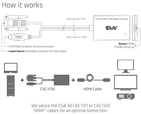 Club 3D CLUB3D CAC-1720 adapter kablowy 0,6 m HDMI Typu A (Standard) VGA (D-Sub) + USB Juodas