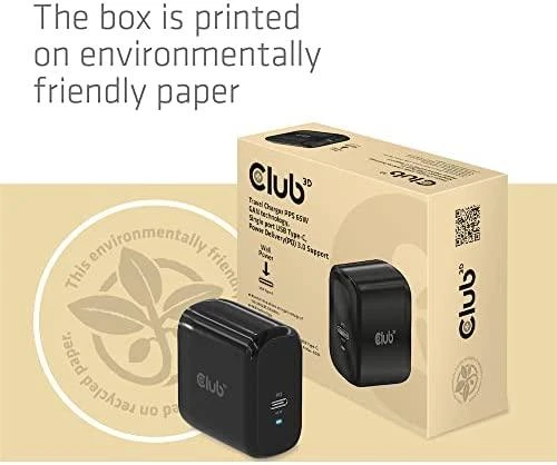 Club 3D CLUB3D kelioninis įkroviklis 65 W GAN technologija, vieno prievado USB Type-C, maitinimo tiekimo (PD) 3.0 palaikymas