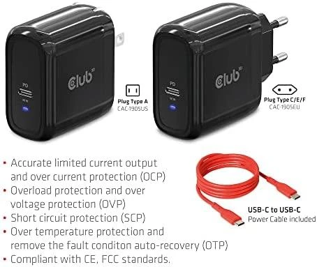Club 3D CLUB3D kelioninis įkroviklis 65 W GAN technologija, vieno prievado USB Type-C, maitinimo tiekimo (PD) 3.0 palaikymas