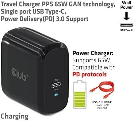 Club 3D CLUB3D kelioninis įkroviklis 65 W GAN technologija, vieno prievado USB Type-C, maitinimo tiekimo (PD) 3.0 palaikymas
