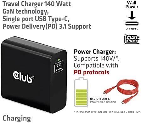 Club 3D Club3D kelioninis įkroviklis USB-C 140W GaN technologija, 1xUSB-C, PD 3.1 palaikymas