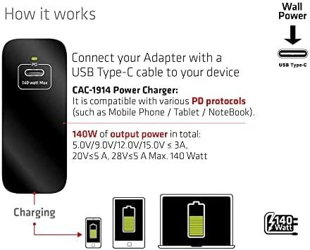 Club 3D Club3D kelioninis įkroviklis USB-C 140W GaN technologija, 1xUSB-C, PD 3.1 palaikymas