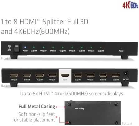 HDMI 1:8 skirstytuvas: jungtys ir korpuso detalės