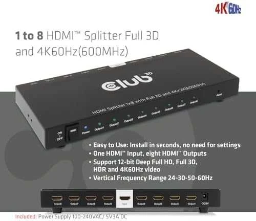 Club 3D HDMI 1:8 skirstytuvas su 4K 60Hz palaikymu