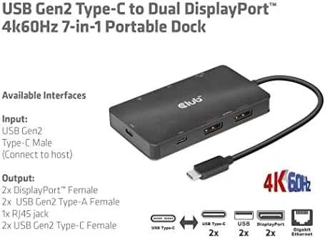HUB USB Club 3D Club3D USB-7-in1-HUB USB-C > 2xDP/2xUSB/2xUSB-C/RJ45 100W mažmeninė prekyba
