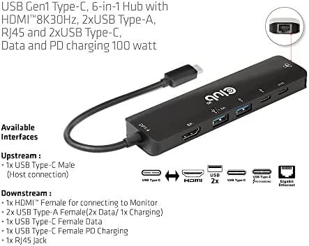 Club 3D Club3D CSV-1596 USB GEN1 TYPE-C, 6 viename stebulės SU HDMI™8K30HZ, 2XUSB TYPE-A, RJ45 IR 2XUSB TYPE-C, DUOMENŲ IR PD Įkrovimas 100 W