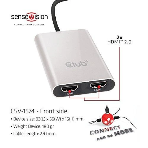 Club 3D Thunderbolt 3 į HDMI 2.0 2x monitorius 4K60Hz – 27mm