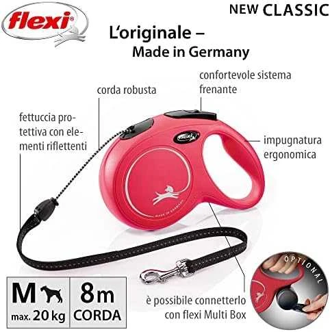 Flexi New Classic M pavadėlis šunims iki 20kg virvinis 8m raudonos spalvos