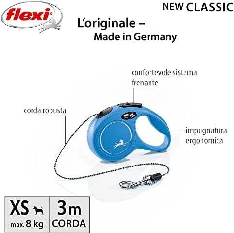 Flexi New Classic XS pavadėlis šunims iki 8kg virvinis 3m mėlynos spalvos