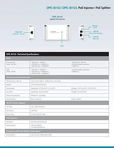 Šakotuvas D-Link | DPE-301GI Gigabit PoE purkštukas, suderinamas su 802.3af/802.3at | 10 100 1000 Mbit/s | Ethernet LAN (RJ-45) jungtys 2