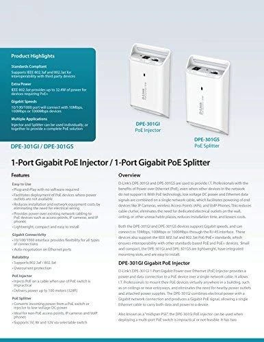 Šakotuvas D-Link | DPE-301GI Gigabit PoE purkštukas, suderinamas su 802.3af/802.3at | 10 100 1000 Mbit/s | Ethernet LAN (RJ-45) jungtys 2
