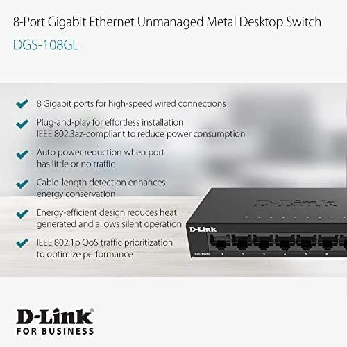 Šakotuvas D-LINK 8-Port Layer2 Gigabit šviesos jungiklis be IGMP