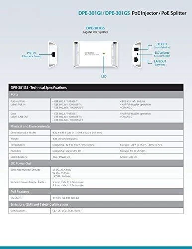 Šakotuvas D-Link | DPE-301GS Gigabit PoE skirstytuvas, suderinamas su 802.3af/802.3at | 10 100 1000 Mbit/s | Ethernet LAN (RJ-45) jungtys 2