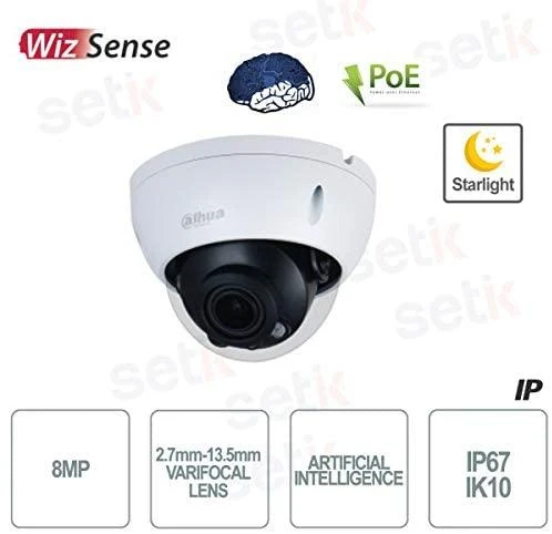 Dahua IP kamera HDBW3841R-ZS 8MP, IR pašvietimas iki 40m, 2.7mm-13.5mm 113°-31°, SMD, IVS, AI, IK10