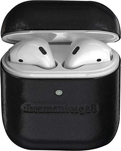Juodas odinis dėklas AirPods ausinėms su įspaustu logotipu